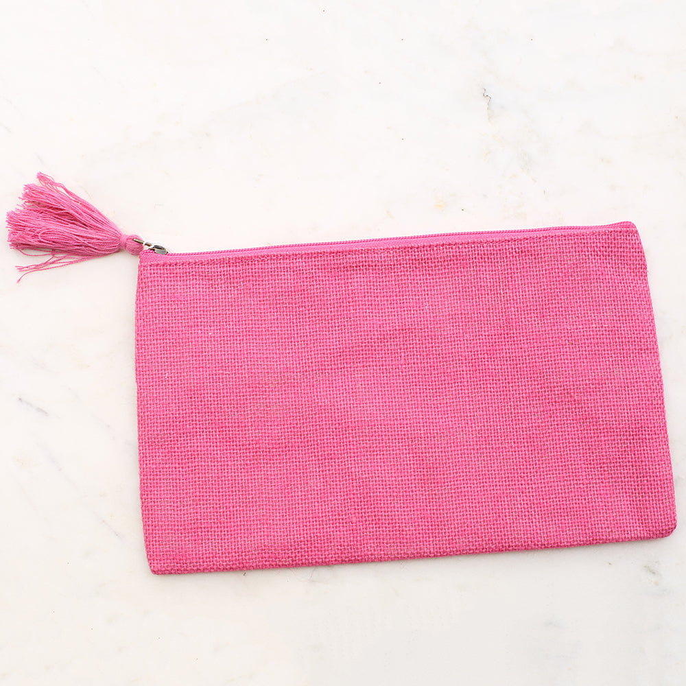 Hot Pink Jute Cosmetic Bag w/Embroidery